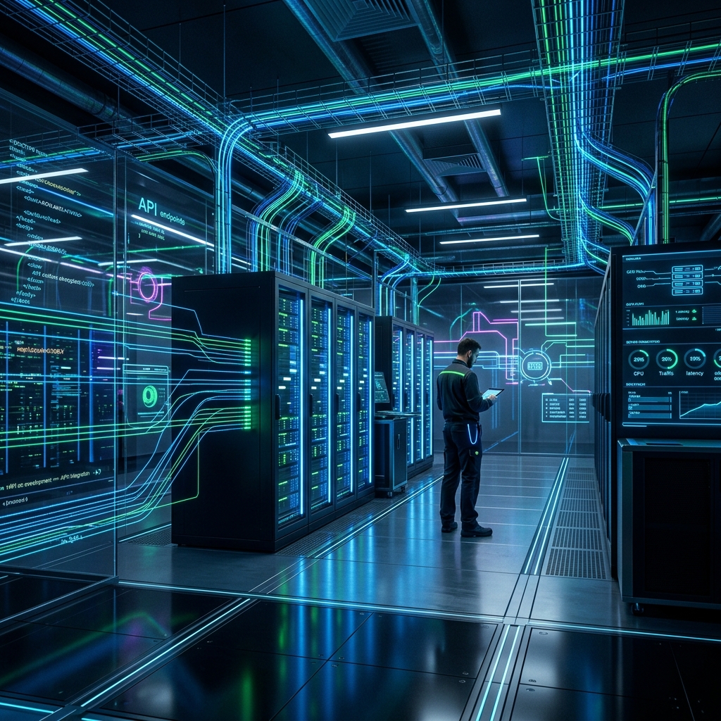 Futuristic sleek glass smart city office exterior displaying virtual glowing network connections representing global high-tech corporate solutions